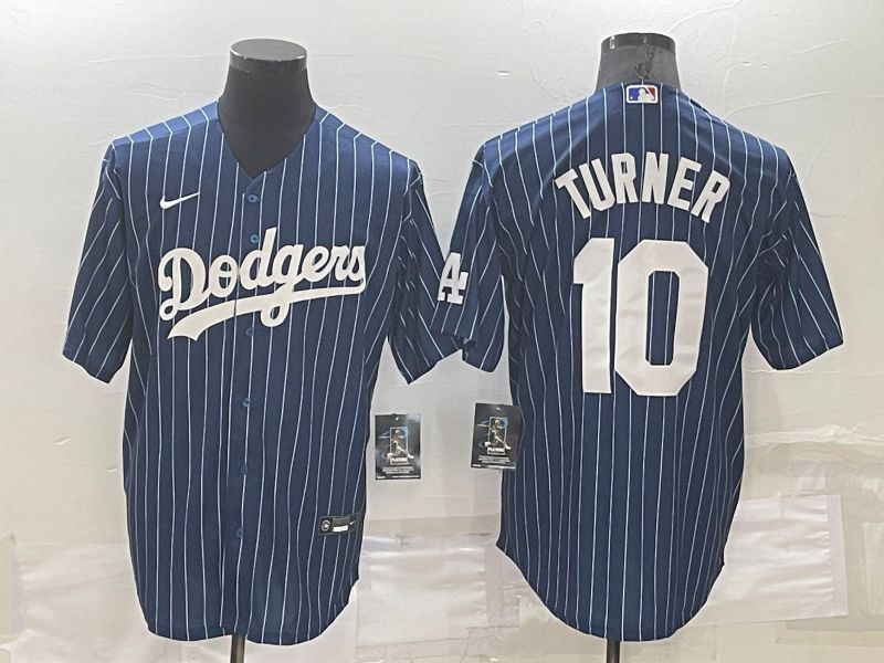 Men Los Angeles Dodgers 10 Turner Blue Stripe Throwback Nike 2022 MLB Jerseys